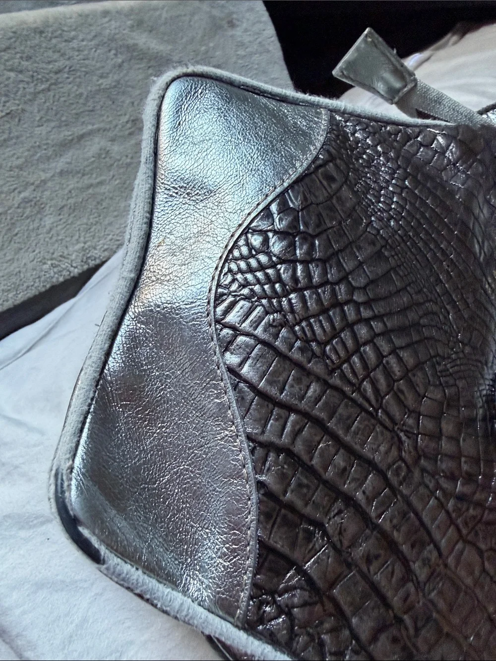 RIPANI Silver Pewter Croc-Embossed Satchel with Medallion Detail